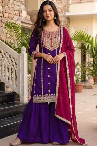 Women Ethnic Motifs Embroidered Regular Thread Work Kurta with Sharara & With Dupatta