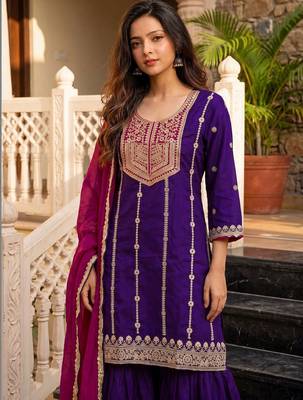 Women Ethnic Motifs Embroidered Regular Thread Work Kurta with Sharara & With Dupatta 3
