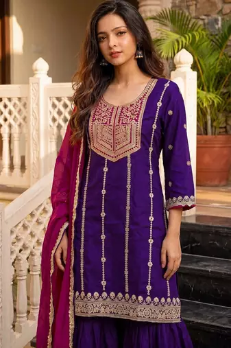 Women Ethnic Motifs Embroidered Regular Thread Work Kurta with Sharara & With Dupatta