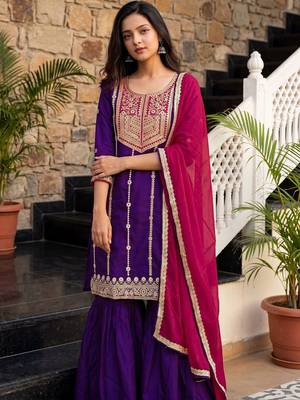 Women Ethnic Motifs Embroidered Regular Thread Work Kurta with Sharara & With Dupatta 4