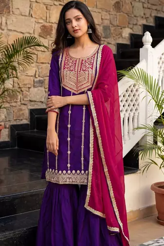Women Ethnic Motifs Embroidered Regular Thread Work Kurta with Sharara & With Dupatta
