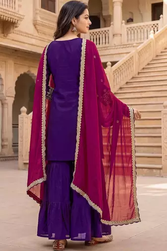 Women Ethnic Motifs Embroidered Regular Thread Work Kurta with Sharara & With Dupatta