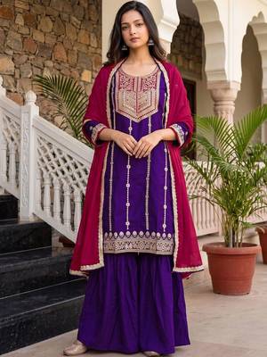 Women Ethnic Motifs Embroidered Regular Thread Work Kurta with Sharara & With Dupatta 6
