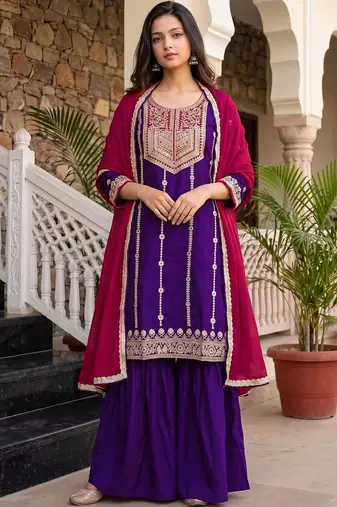 Women Ethnic Motifs Embroidered Regular Thread Work Kurta with Sharara & With Dupatta