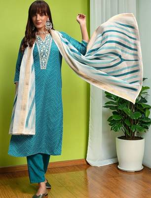 Women Ethnic Motifs Printed Regular Thread Work Pure Cotton Kurta with Trousers & With Dupatta 1