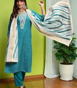 Women Ethnic Motifs Printed Regular Thread Work Pure Cotton Kurta with Trousers & With Dupatta