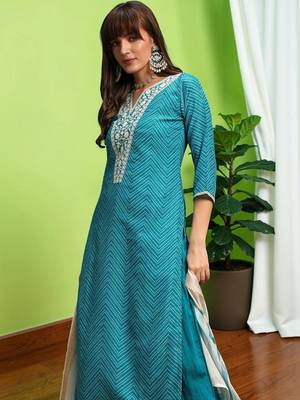 Women Ethnic Motifs Printed Regular Thread Work Pure Cotton Kurta with Trousers & With Dupatta 3
