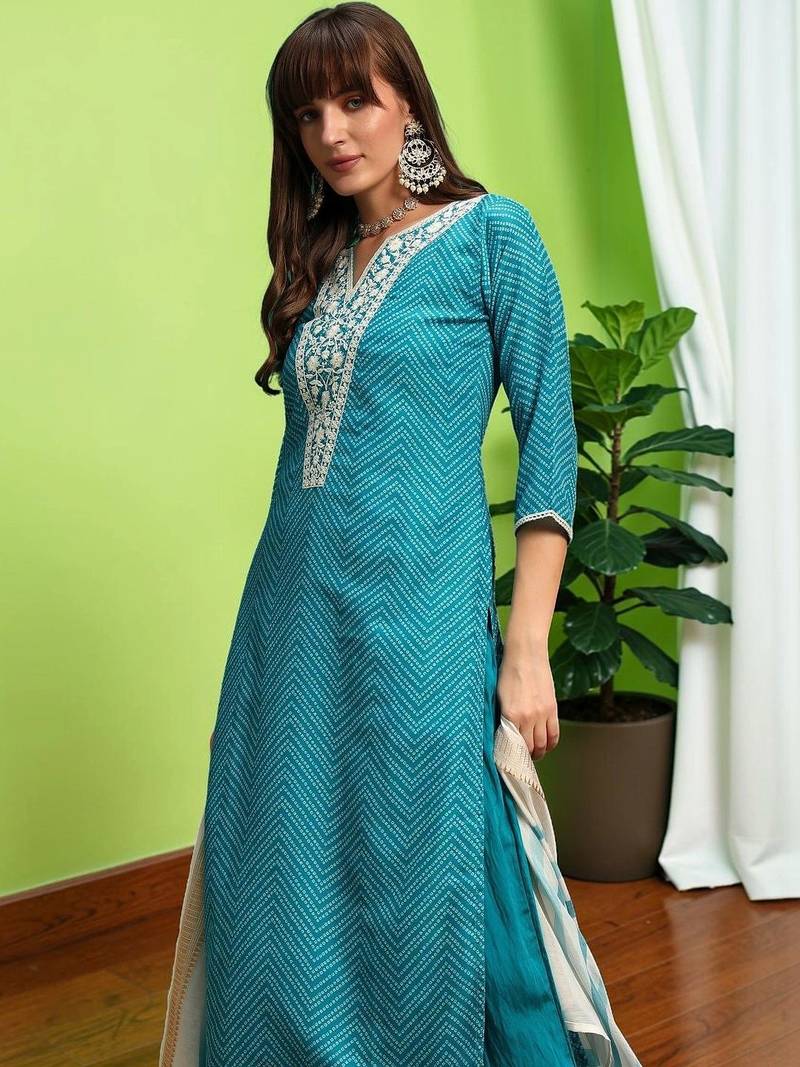 Women Ethnic Motifs Printed Regular Thread Work Pure Cotton Kurta with Trousers & With Dupatta