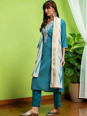 Women Ethnic Motifs Printed Regular Thread Work Pure Cotton Kurta with Trousers & With Dupatta 6