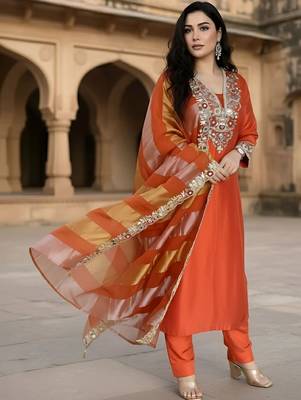 Women Ethnic Motifs Embroidered Regular Thread Work Kurta with Trousers & With Dupatta 1