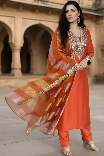 Women Ethnic Motifs Embroidered Regular Thread Work Kurta with Trousers & With Dupatta