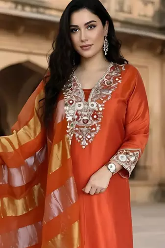 Women Ethnic Motifs Embroidered Regular Thread Work Kurta with Trousers & With Dupatta