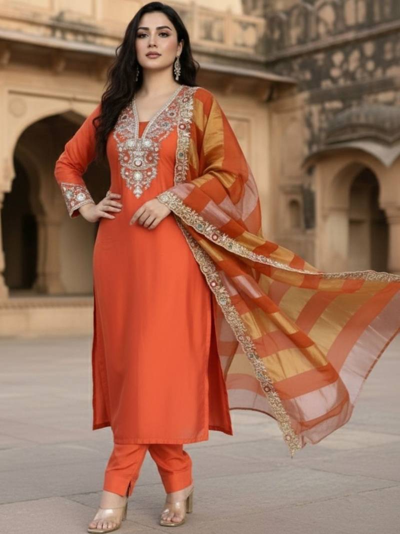 Women Ethnic Motifs Embroidered Regular Thread Work Kurta with Trousers & With Dupatta