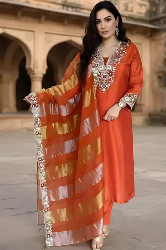 Women Ethnic Motifs Embroidered Regular Thread Work Kurta with Trousers & With Dupatta
