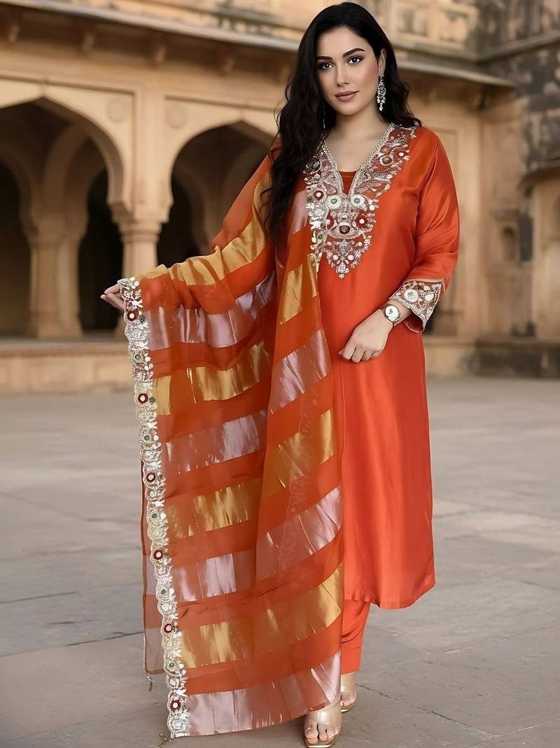 Women Ethnic Motifs Embroidered Regular Thread Work Kurta with Trousers & With Dupatta