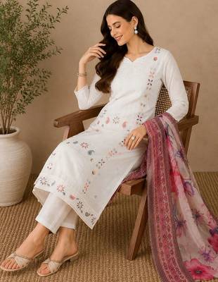 Women Ethnic Motifs Embroidered Regular Thread Work Pure Cotton Kurta with Trousers & With Dupatta 1