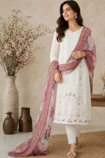 Women Ethnic Motifs Embroidered Regular Thread Work Pure Cotton Kurta with Trousers & With Dupatta