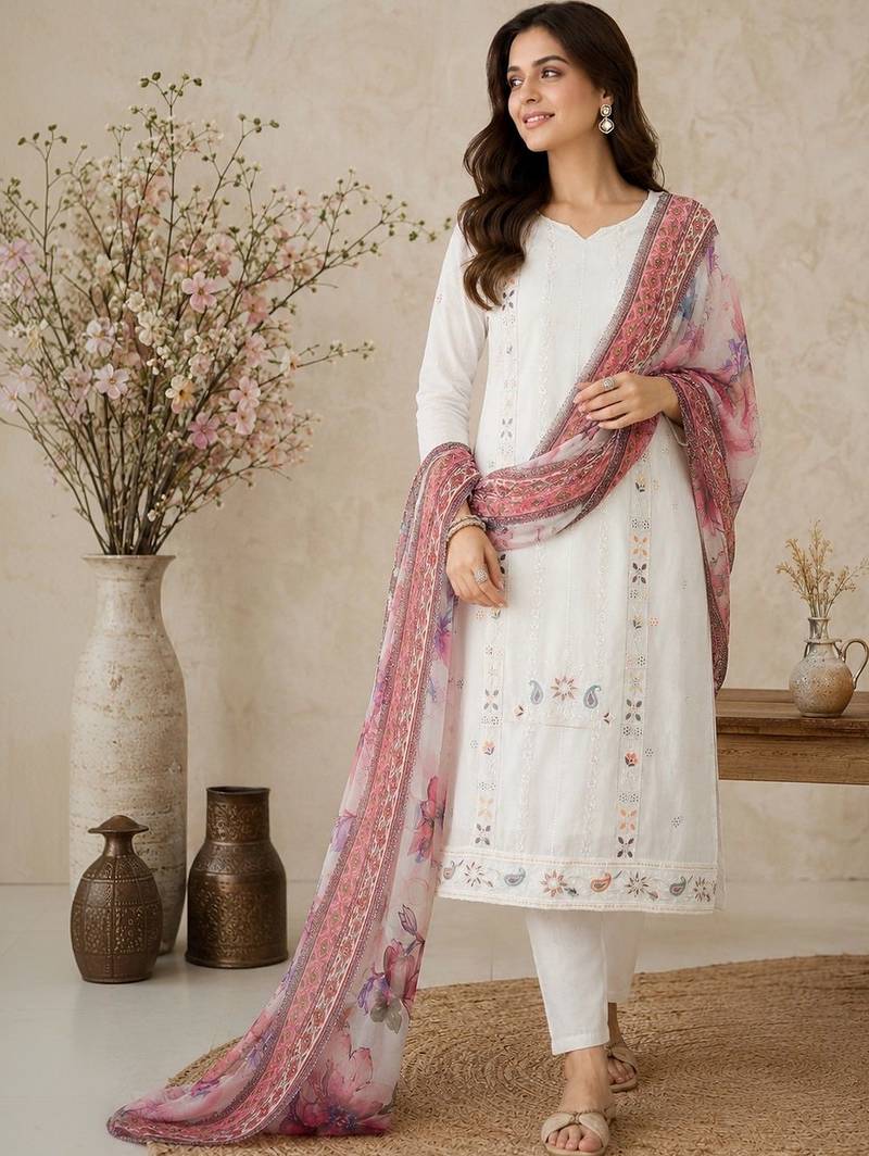 Women Ethnic Motifs Embroidered Regular Thread Work Pure Cotton Kurta with Trousers & With Dupatta