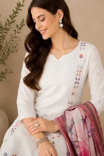 Women Ethnic Motifs Embroidered Regular Thread Work Pure Cotton Kurta with Trousers & With Dupatta