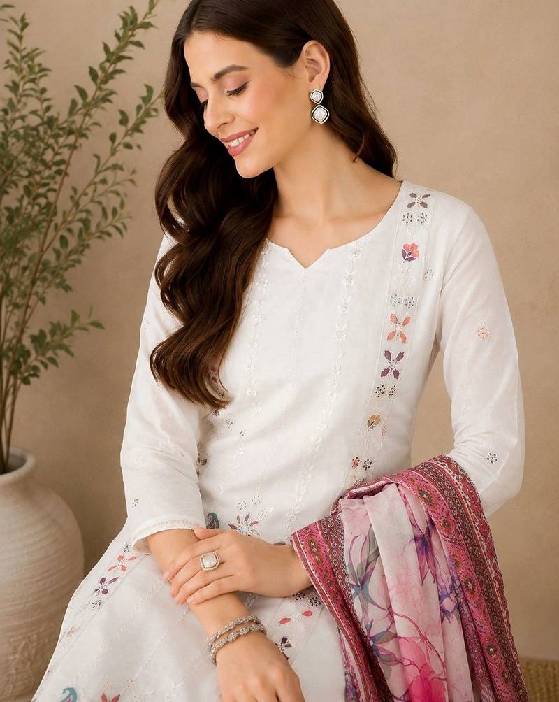 Women Ethnic Motifs Embroidered Regular Thread Work Pure Cotton Kurta with Trousers & With Dupatta