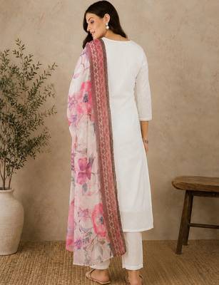 Women Ethnic Motifs Embroidered Regular Thread Work Pure Cotton Kurta with Trousers & With Dupatta 4