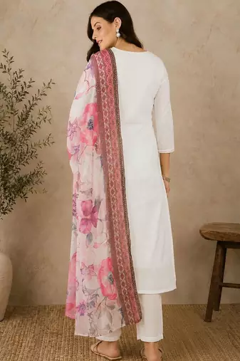 Women Ethnic Motifs Embroidered Regular Thread Work Pure Cotton Kurta with Trousers & With Dupatta