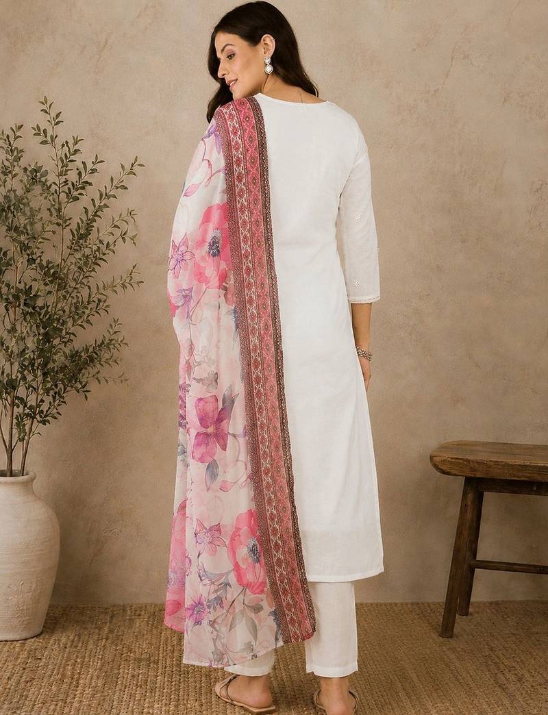 Women Ethnic Motifs Embroidered Regular Thread Work Pure Cotton Kurta with Trousers & With Dupatta