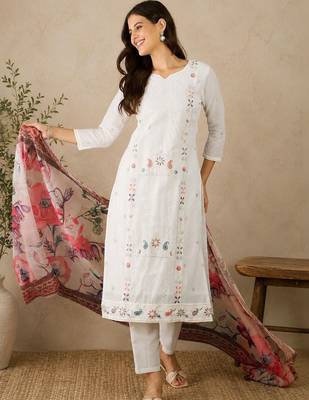 Women Ethnic Motifs Embroidered Regular Thread Work Pure Cotton Kurta with Trousers & With Dupatta 5