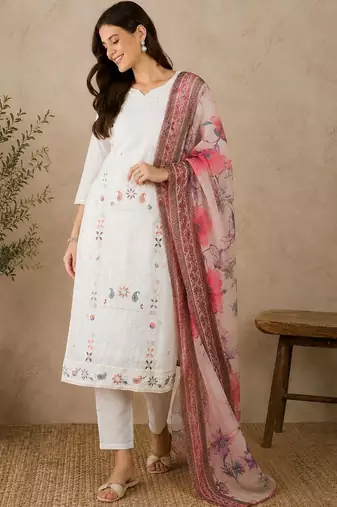 Women Ethnic Motifs Embroidered Regular Thread Work Pure Cotton Kurta with Trousers & With Dupatta