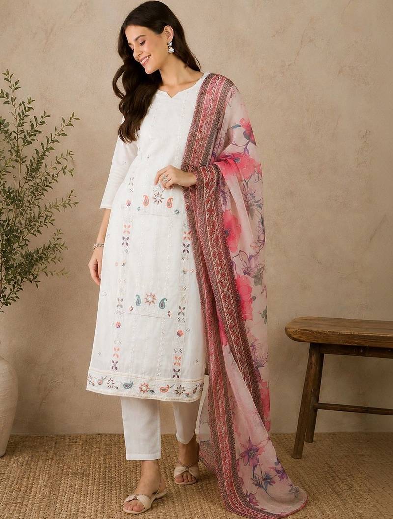 Women Ethnic Motifs Embroidered Regular Thread Work Pure Cotton Kurta with Trousers & With Dupatta