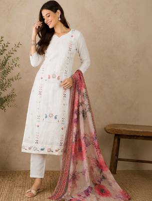 Women Ethnic Motifs Embroidered Regular Thread Work Pure Cotton Kurta with Trousers & With Dupatta 7