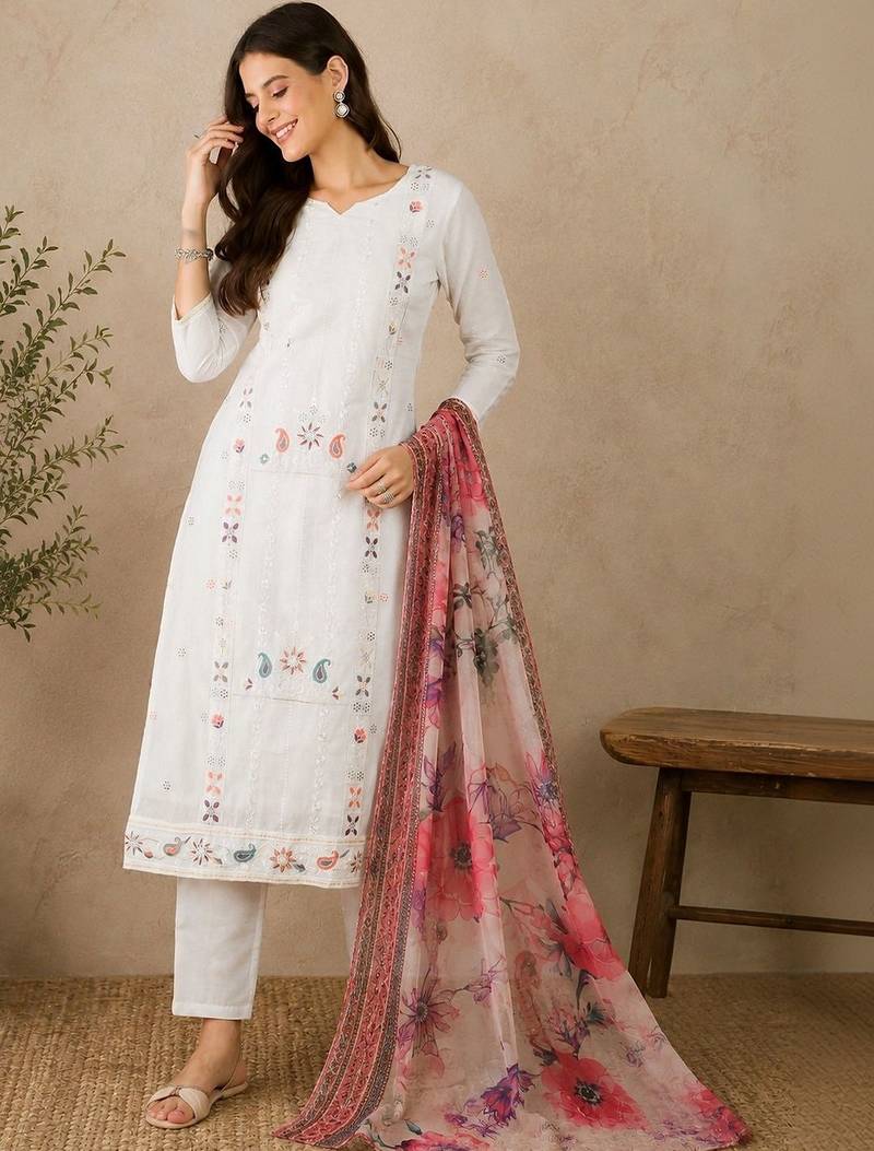 Women Ethnic Motifs Embroidered Regular Thread Work Pure Cotton Kurta with Trousers & With Dupatta