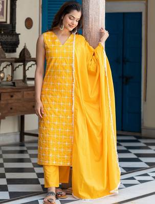 Women Ethnic Motifs Embroidered Regular Thread Work Pure Cotton Kurta with Trousers & With Dupatta 1