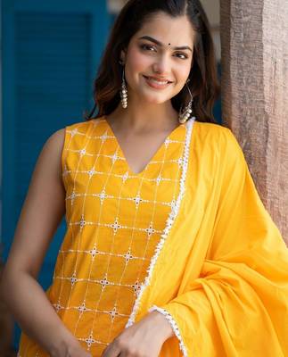 Women Ethnic Motifs Embroidered Regular Thread Work Pure Cotton Kurta with Trousers & With Dupatta 2