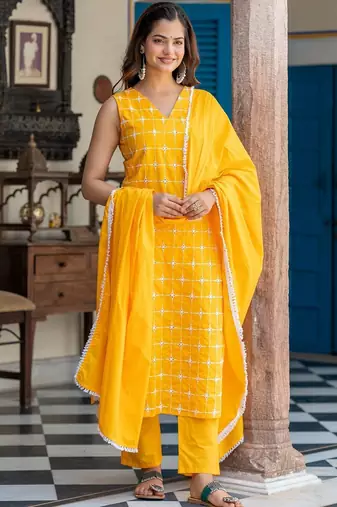 Women Ethnic Motifs Embroidered Regular Thread Work Pure Cotton Kurta with Trousers & With Dupatta