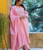 Women Ethnic Motifs Embroidered Regular Chikankari Pure Cotton Kurta with Trousers & With Dupatta