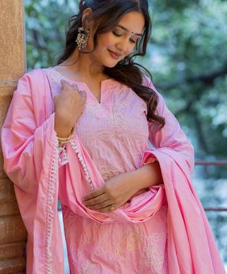Women Ethnic Motifs Embroidered Regular Chikankari Pure Cotton Kurta with Trousers & With Dupatta 2