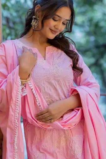 Women Ethnic Motifs Embroidered Regular Chikankari Pure Cotton Kurta with Trousers & With Dupatta