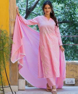 Women Ethnic Motifs Embroidered Regular Chikankari Pure Cotton Kurta with Trousers & With Dupatta 3