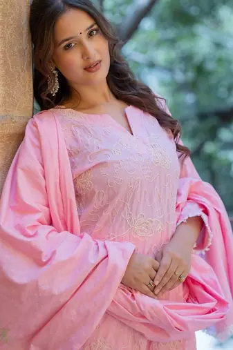 Women Ethnic Motifs Embroidered Regular Chikankari Pure Cotton Kurta with Trousers & With Dupatta