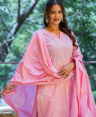 Women Ethnic Motifs Embroidered Regular Chikankari Pure Cotton Kurta with Trousers & With Dupatta 6