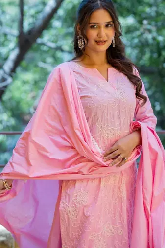 Women Ethnic Motifs Embroidered Regular Chikankari Pure Cotton Kurta with Trousers & With Dupatta