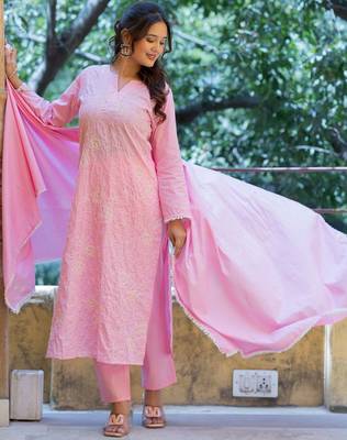 Women Ethnic Motifs Embroidered Regular Chikankari Pure Cotton Kurta with Trousers & With Dupatta 7