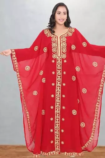 Red & Gold Embroidered Moroccan Kaftan Dress