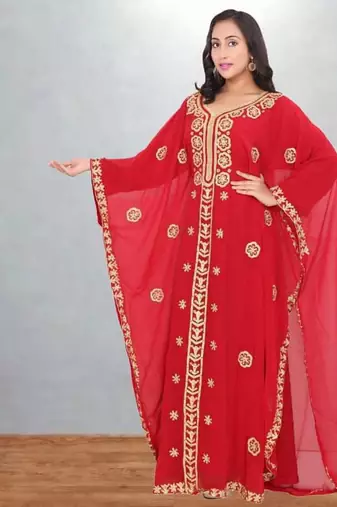 Red & Gold Embroidered Moroccan Kaftan Dress