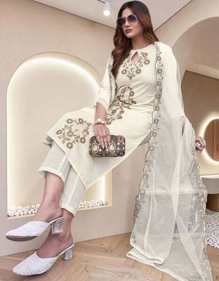 Women Ethnic Motifs Embroidered Regular Thread Work Kurta with Trousers & With Dupatta 2