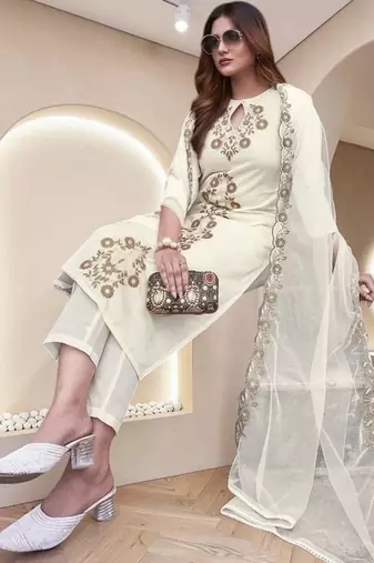 Women Ethnic Motifs Embroidered Regular Thread Work Kurta with Trousers & With Dupatta