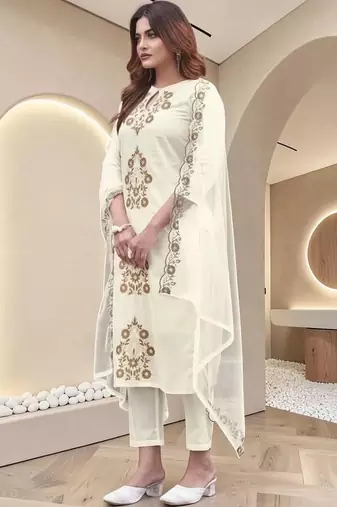 Women Ethnic Motifs Embroidered Regular Thread Work Kurta with Trousers & With Dupatta
