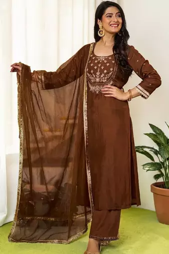 Women Ethnic Motifs Embroidered Regular Thread Work Kurta with Trousers & With Dupatta