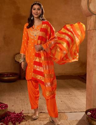 Women Ethnic Motifs Embroidered Regular Kurta with Patiala & With Dupatta 1